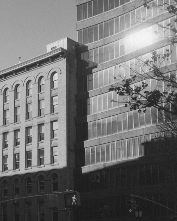 the building has many windows and is in black and white