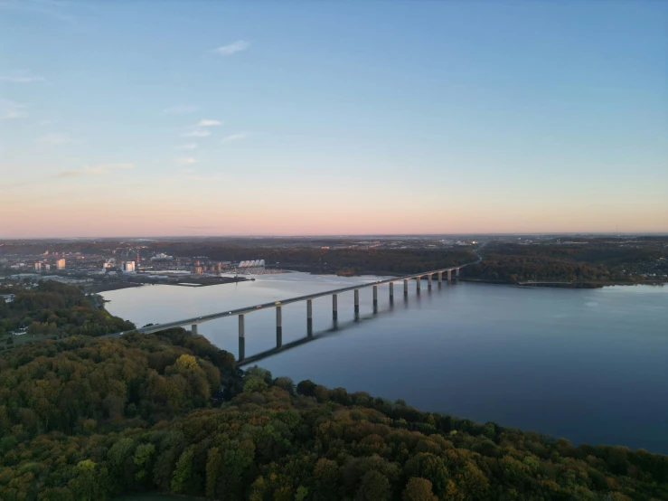 the bridge is surrounded by trees near a lake