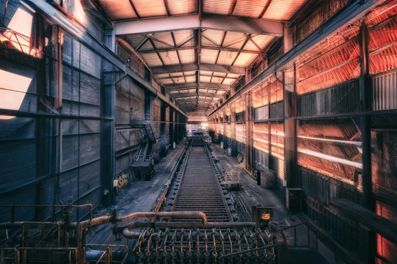 a train station has many tracks and buildings