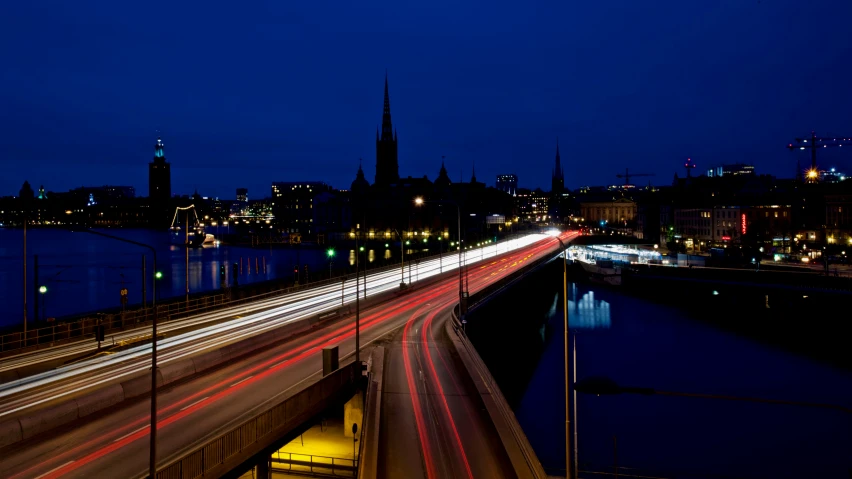 a cityscape with streaks of light at night