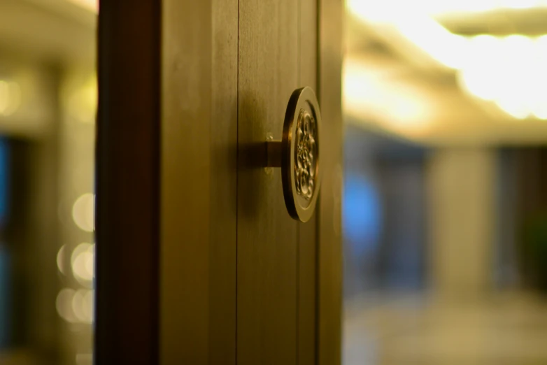 the interior of a building with a round door