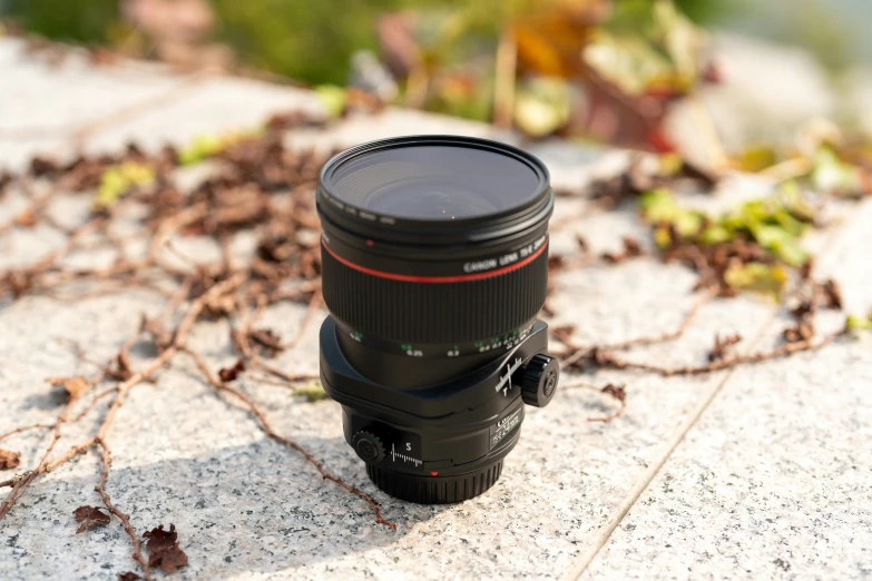 an empty camera lens sits on the ground