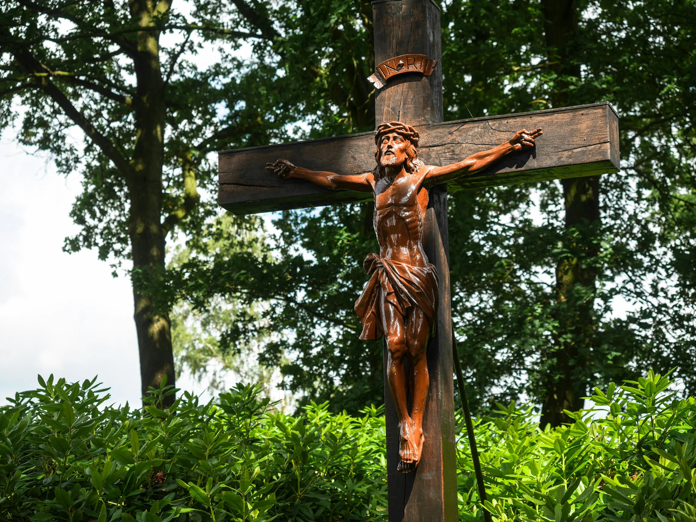 a wooden jesus statue mounted on top of a cross in the middle of a lush green forest