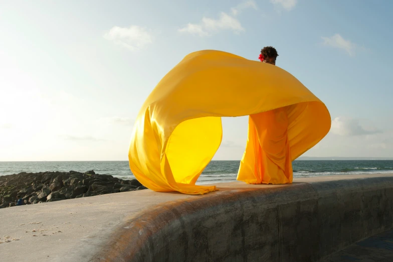 a woman stands on the edge of a wall with her back turned to the camera