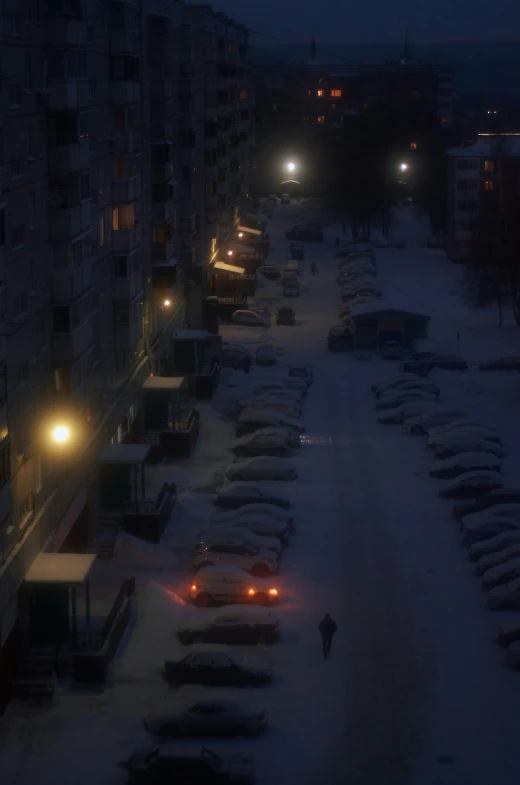 the night lights glow on a parking lot that is empty