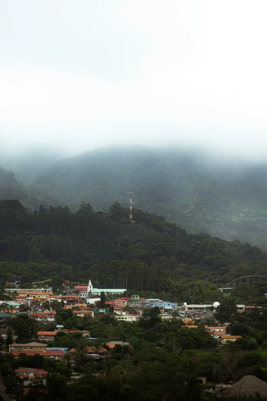 a town on the side of a mountain surrounded by trees