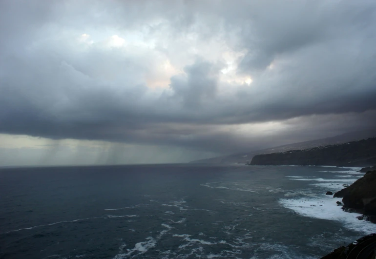 a cloudy sky is over the ocean and beach