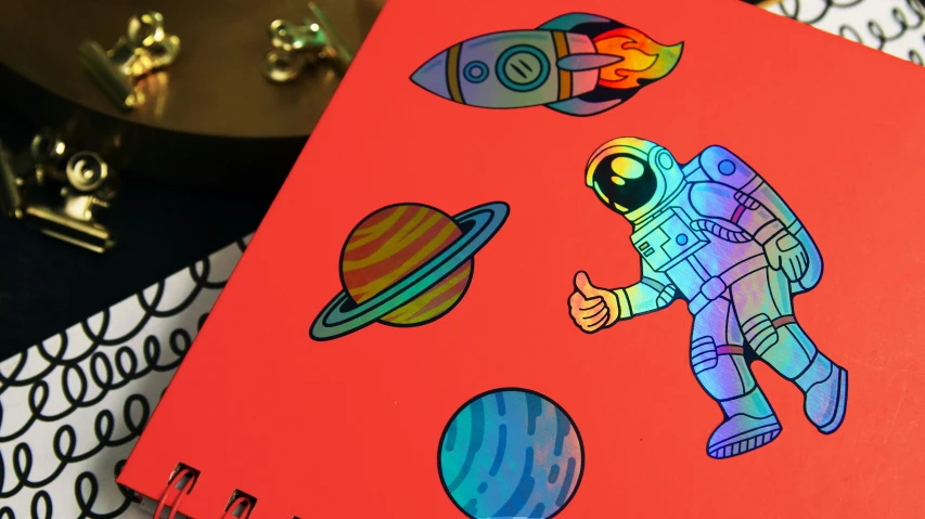 an artwork piece depicting an astronaut with planets on a red background