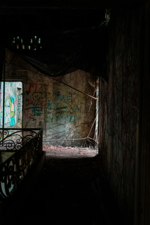 a dark alley way with graffiti all over the walls and door