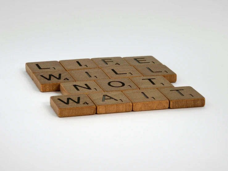 two brown scrabbles with words made out of letters that read, life will not wait