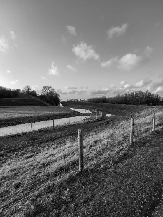 a grassy field with sheep grazing on the side