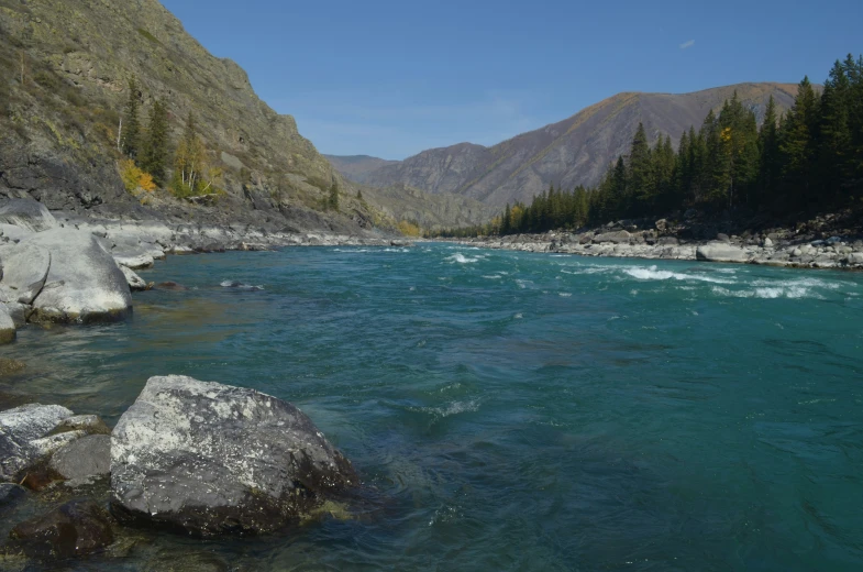 a river with rocks and trees and some mountains in the background