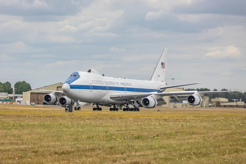 there is a big plane that is sitting in the air