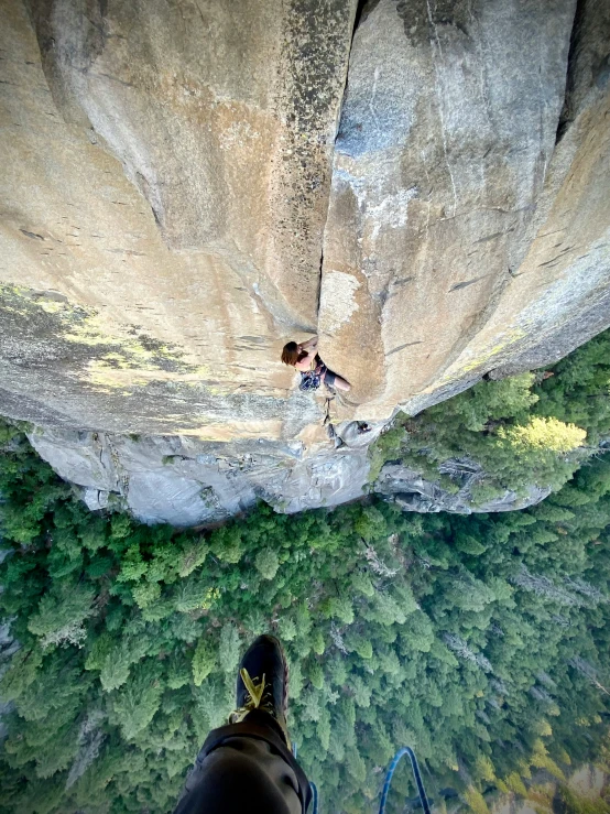 two people in high rise air above trees and canyon