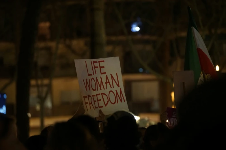 a person holding a sign reading life woman freedom in the dark