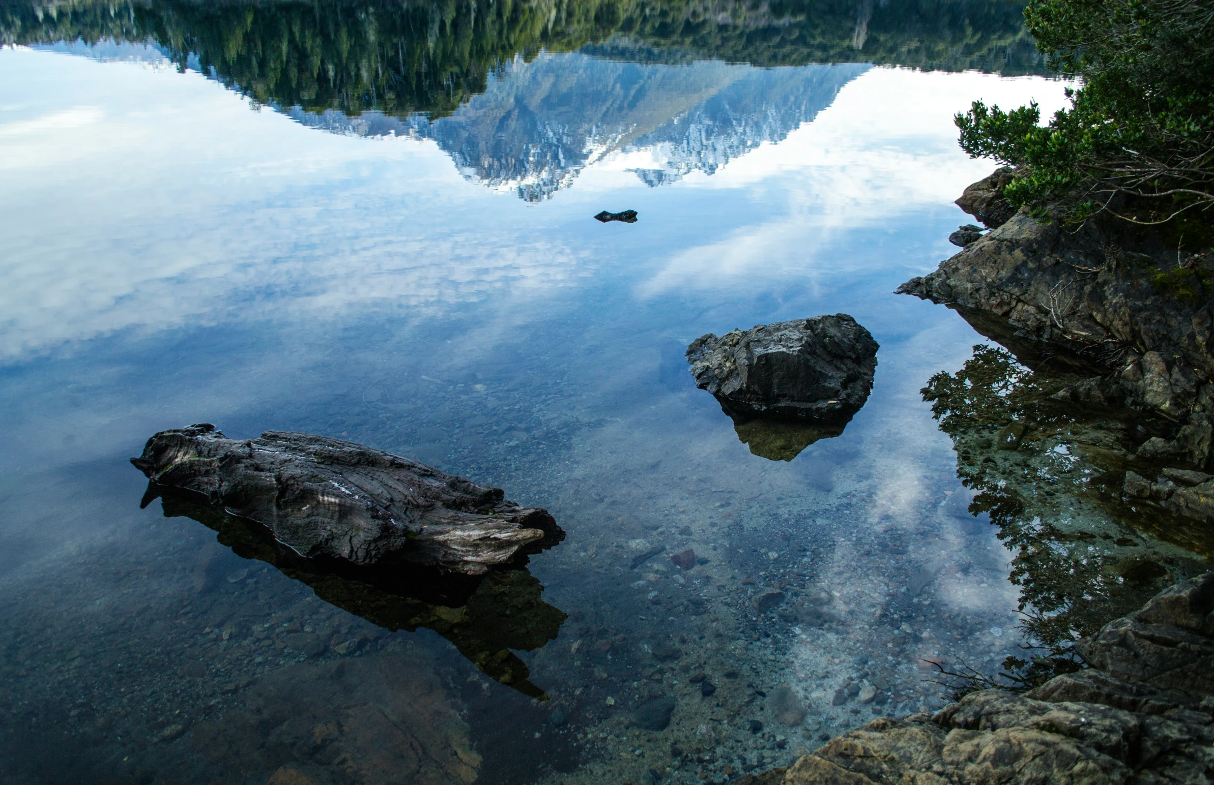 three rocks and water near a cliff face