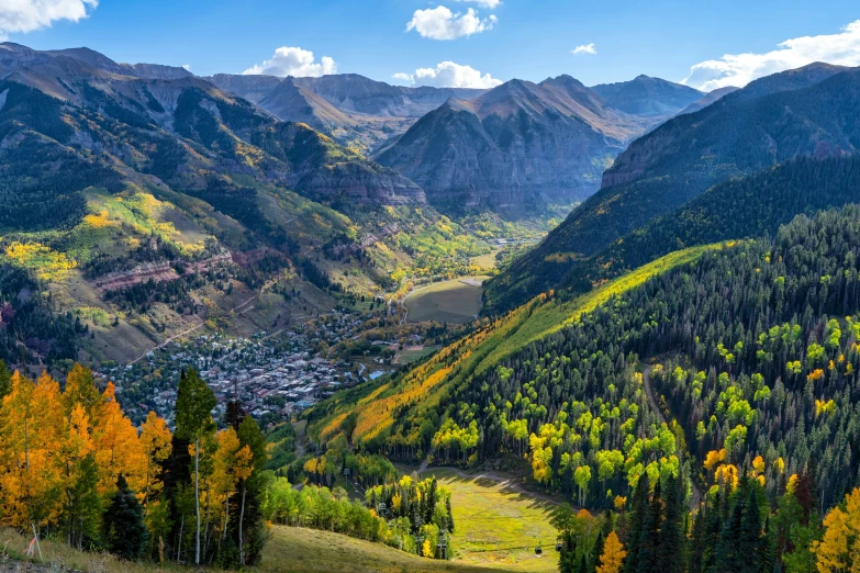 mountains are shown with different colored trees in them