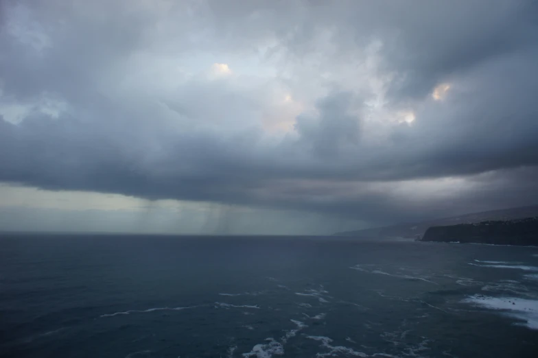 a large body of water under a dark cloudy sky