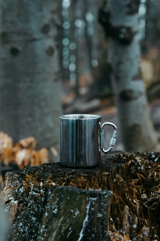 there is a small metal cup on a wooden stump