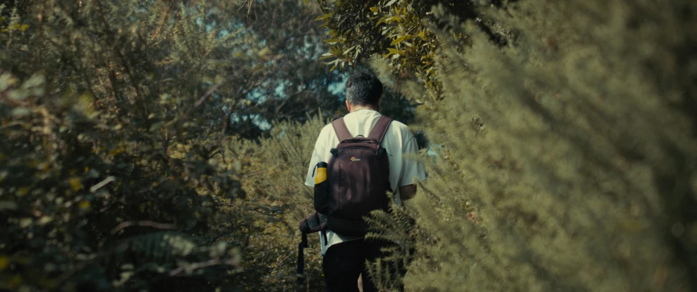 the man with a backpack is walking through the bushes