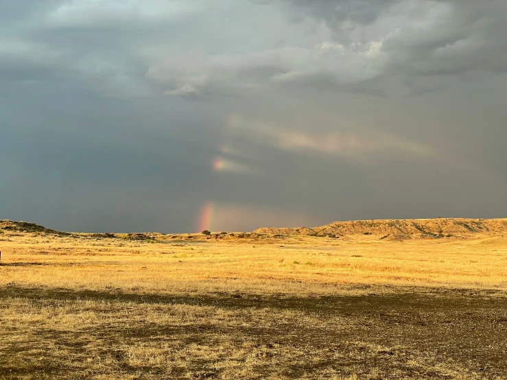 a large grass covered field with a single rainbow