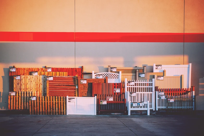 a wall with many wooden fences and signs