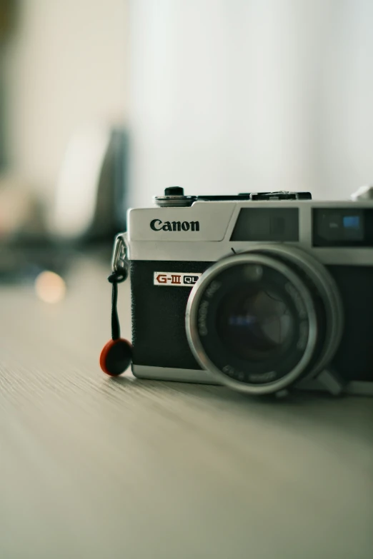 a small camera sits on a wooden table