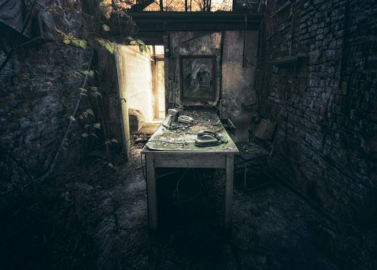 a table in an alley with the doors open