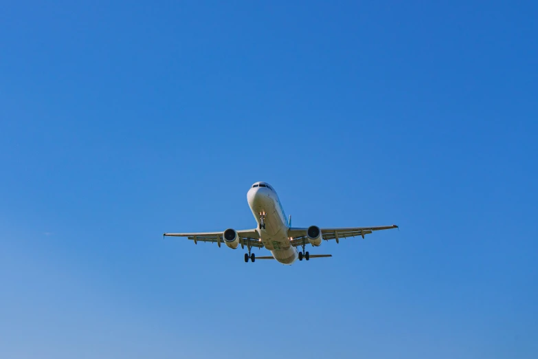 a white and blue plane flying through the air