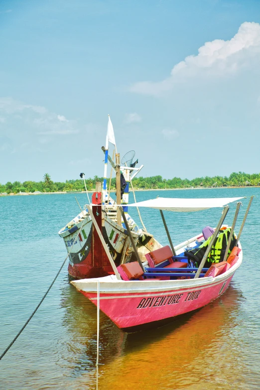 a pink boat parked in the water at a beach