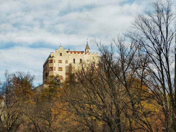 a large castle sits on top of a hill with trees and grass