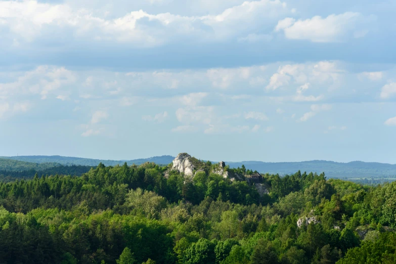 the green treetops and a small white building on top of a mountain