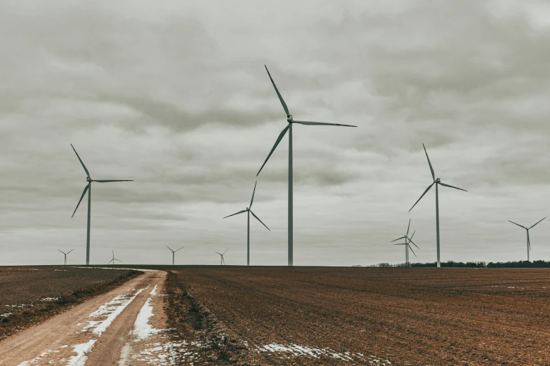 several wind generators are standing in the middle of a field