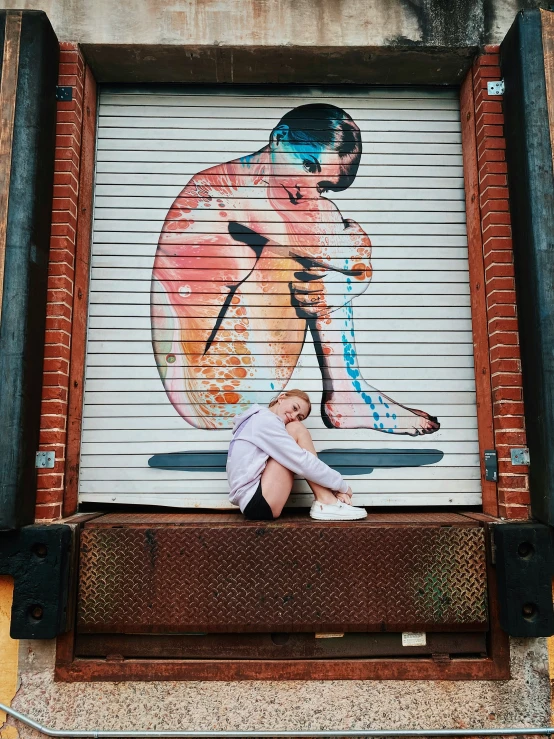 the man is sitting against the wall under a graffiti sign