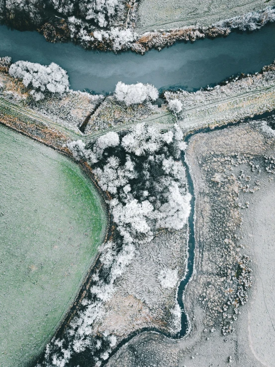 an aerial view of a river near some trees