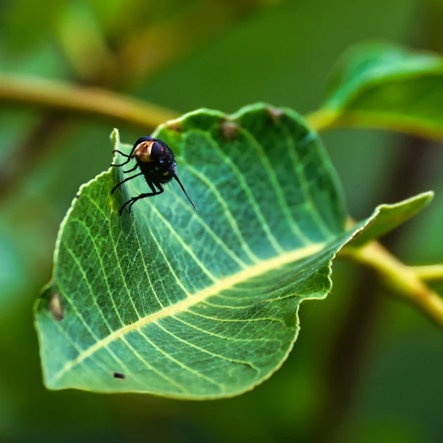 the bug is resting on the green leaf