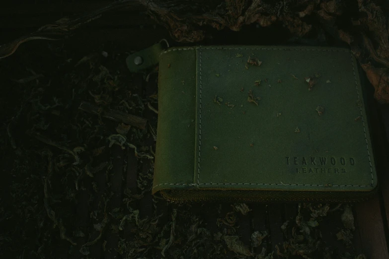 an open green book laying on the ground in the dark