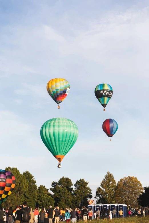 multiple  air balloons are flying over some grass