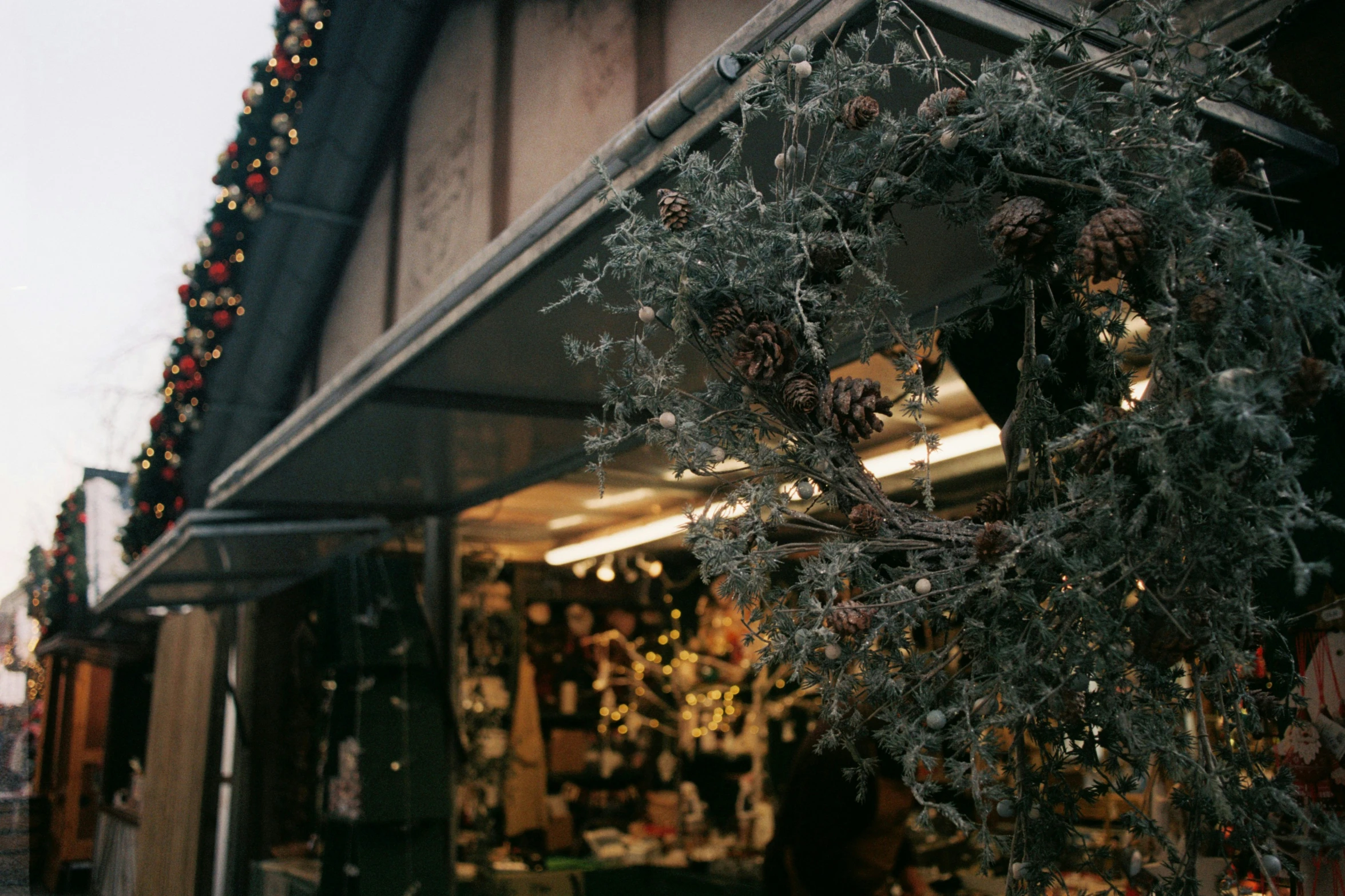 christmas decorations on display in front of a store