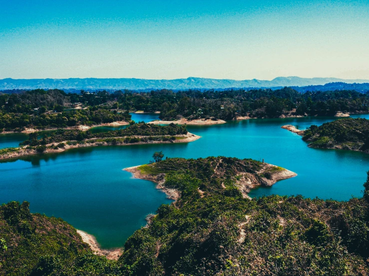 an aerial view of a lake surrounded by forest