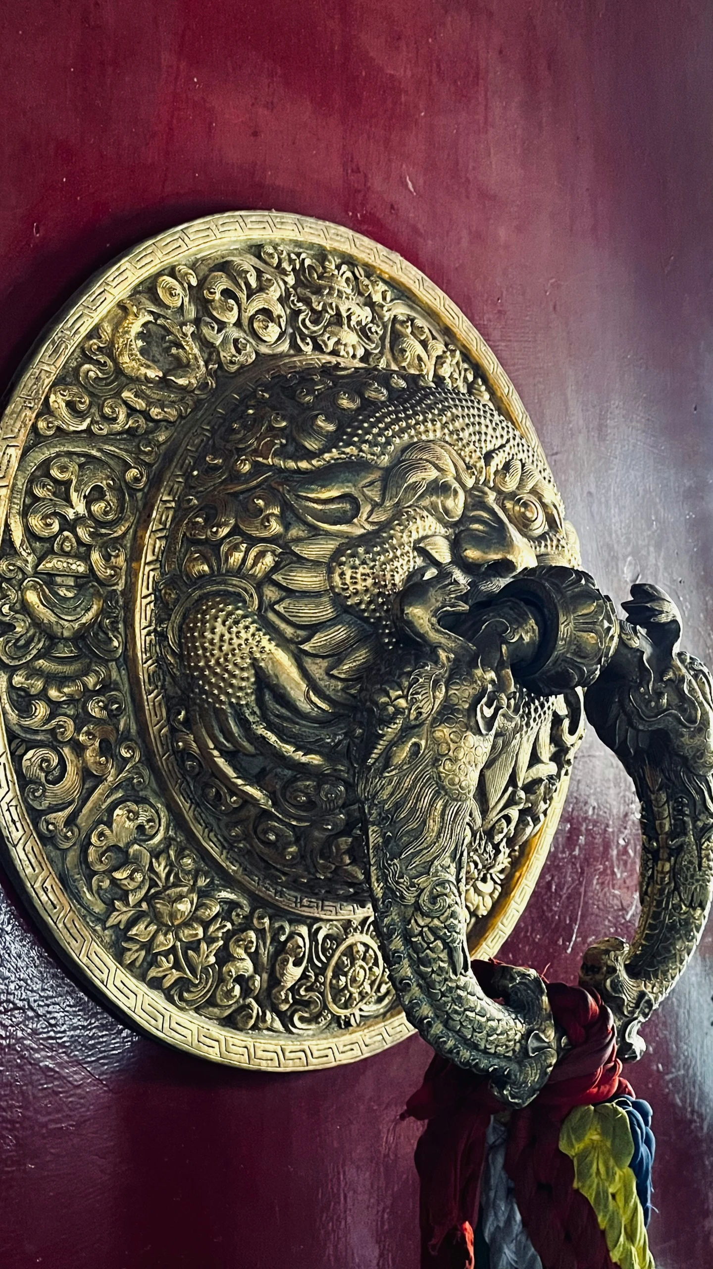 an elephant shaped medallion mounted to the wall next to a coat rack