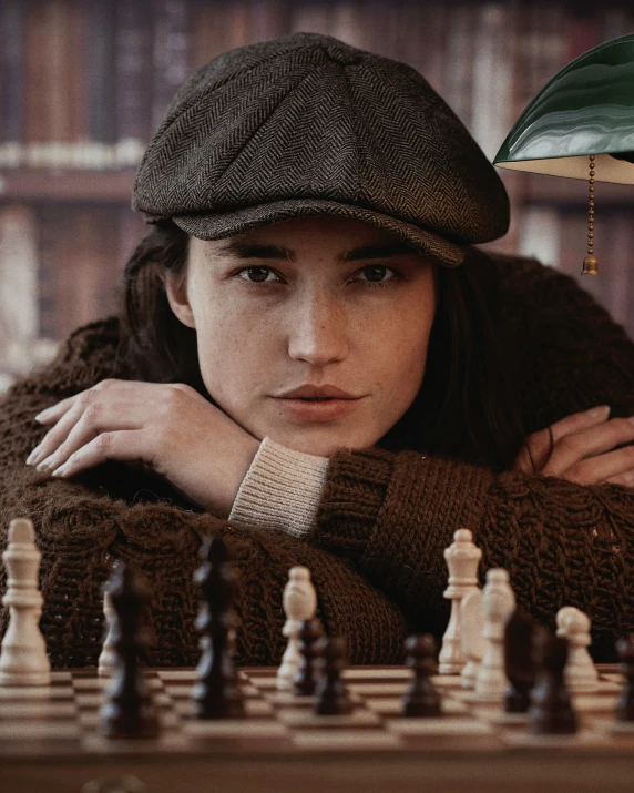 a woman sitting at a chessboard with a giant chess set