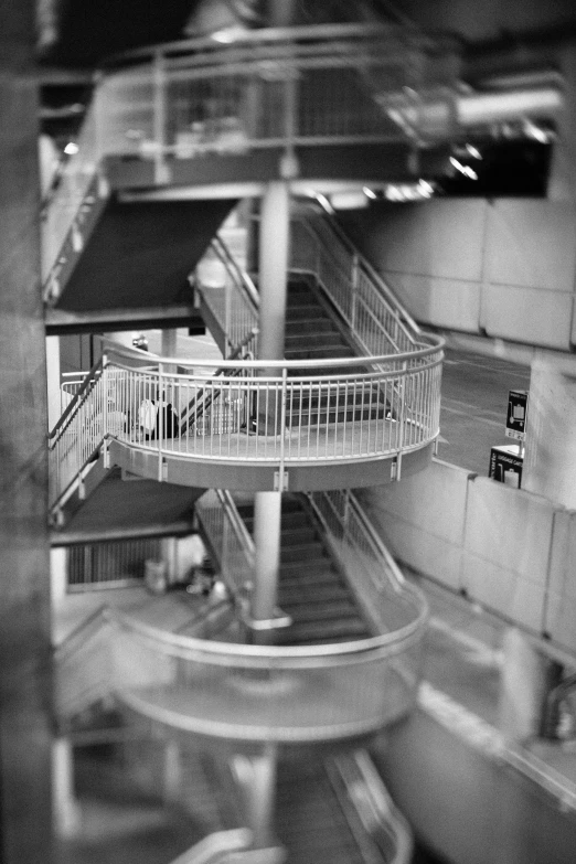 black and white po of stairs in a building