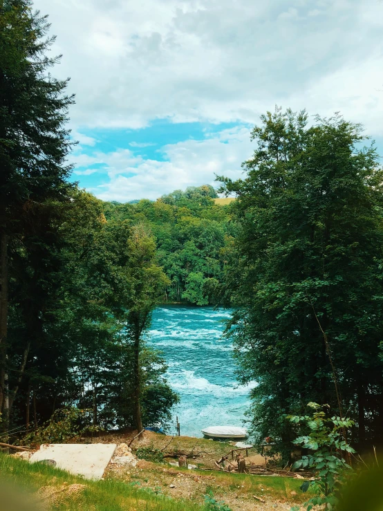 blue water surrounded by trees in the woods