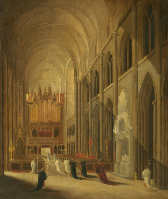 an oil painting of the inside of an old church