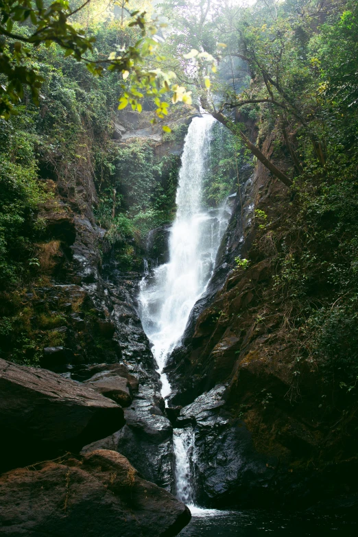 this is the view of a large waterfall in the woods