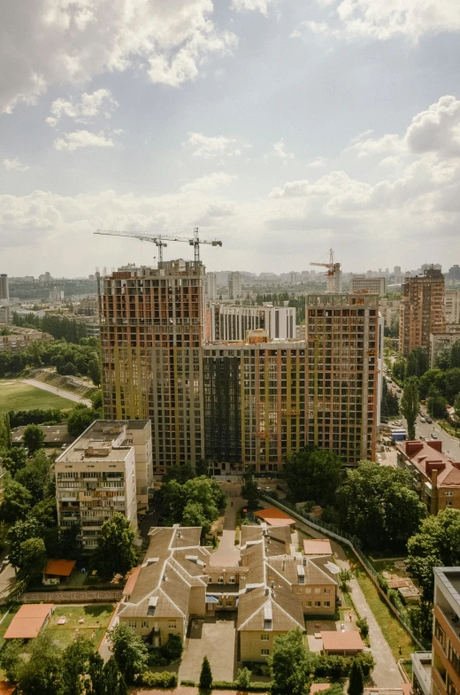 a view from a very high angle shows buildings and trees