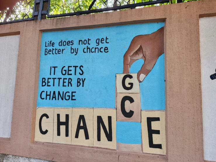 large tile wall art that says change with someone hand