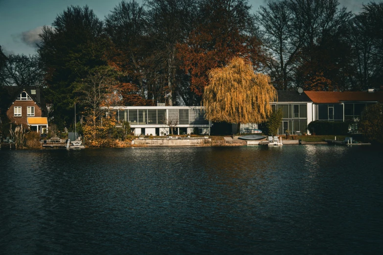 the boats are docked at the pier by the trees