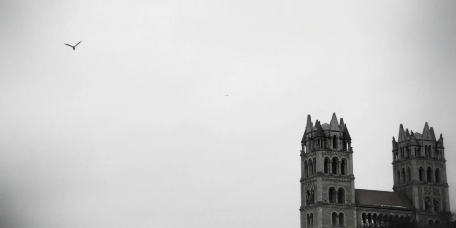 an airplane flies above a large church with towers